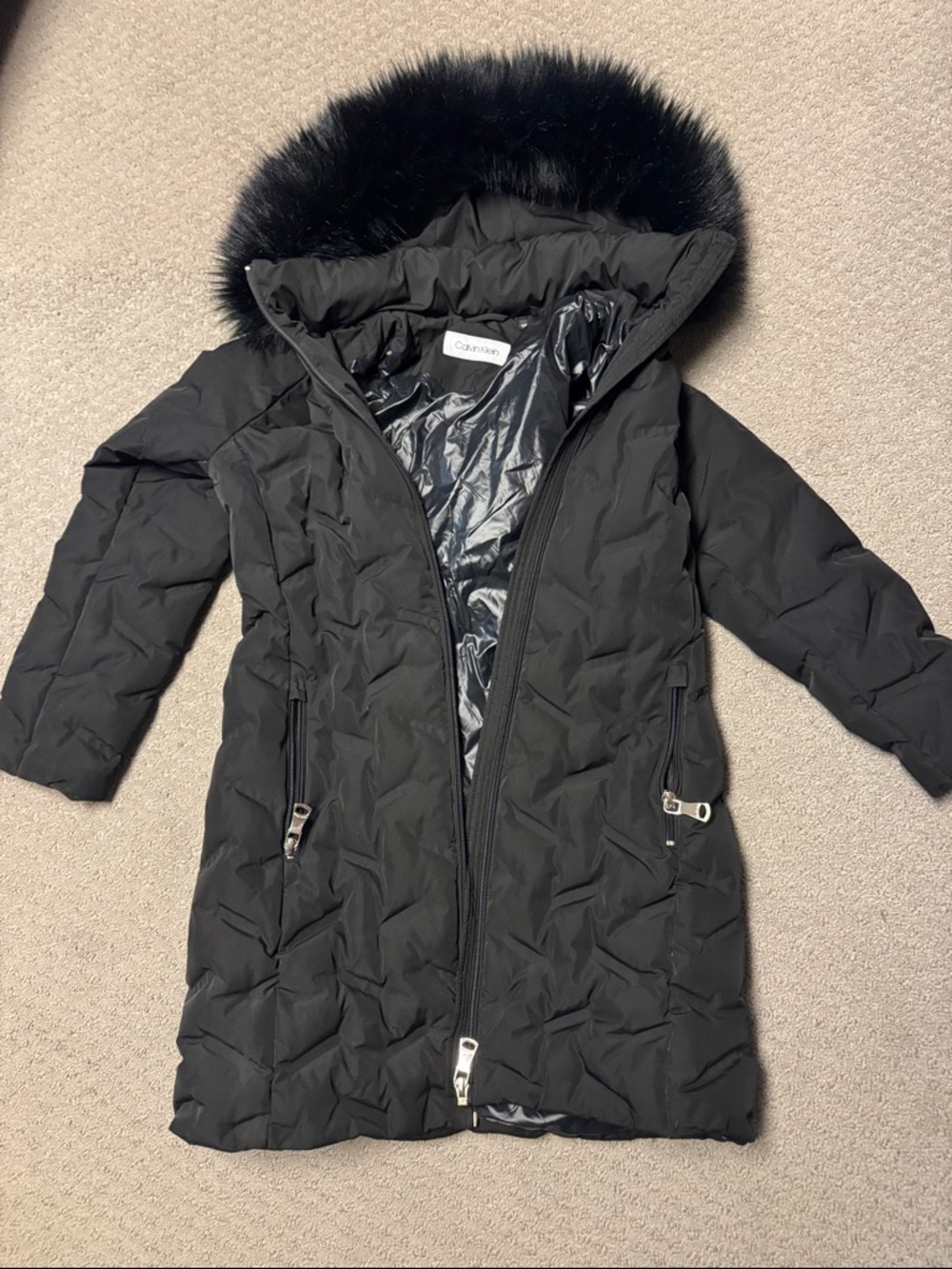 Calvin Klein Black Quilted Long Puffer Coat with Faux Fur Trim